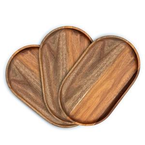 Ensemble de 3 plateaux de service en bois d'acacia faits à la main, de forme ovale, pour servir le petit-déjeuner, le thé et le café - Product Image 1