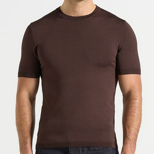 Camiseta de Manga Corta para Hombre, Cuello Redondo, Tejido de Punto, Color Marrón, Corte Regular, Informal, Color Sólido, Algodón - Product Image 1