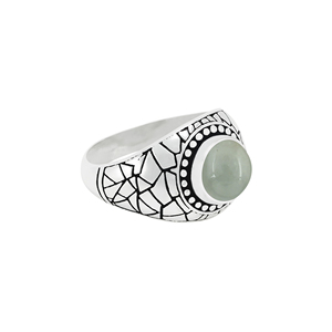 Anillo de Plata de Ley 925 con Aguamarina Verde Natural, Gema Redonda Cabujón con Patrón de Mosaico Agrietado, Joyería - Product Image 3