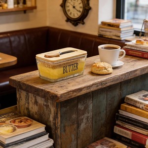 <b>Glass</b> Butter Dish With Wooden Lid Stylish Modern Kitchen Breakfast Butter Storage <b>Container</b> Elegant Serveware From India - Product Image 2