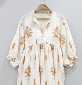 Vestido Túnica Midi Formal con Estampado Floral, 100% Algodón, Diseño Simple para Mujer |   Vestido Étnico Indio Bohemio - Product Image 5