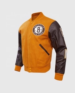 Orange Varsity Jacket <b>Leather</b> Sleeve <b>Bomber</b> Coat Button Front Sports Teamwear for <b>Men</b> Brooklyn Nets Orange Varsity Jacket - Product Image 4