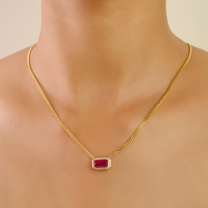 Hermoso Diseño, Collar con Colgante Halo y Cadena de Eslabones para Mujer, con Rubí y Diamantes en Oro Amarillo Real de 14K, Piedra de Nacimiento de Julio, Joyería al por Mayor - Product Image 2