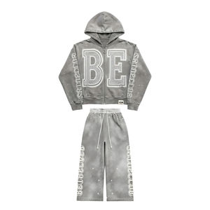 ชุดเซ็ตฮู้ดดี้ซิปแบบครอปแต่งดีเทลขาดๆ พร้อมกางเกงวอร์มขาบานทรงหลวมประดับคริสตัล สไตล์สตรีทแวร์ - Product Image 4