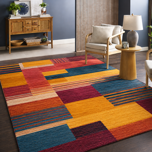 Tapis géométrique multicolore moderne, tissé à la main en laine, motifs abstraits, jaune moutarde, bleu, rouille, rouge, tapis sur mesure en gros - Product Image 1