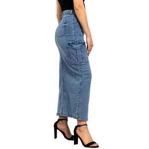 Custom 100% Cotton Blue Denim <b>Skirt</b> for Women Washed Vintage High Waist <b>Split</b> Women's New Fashion Retro Stretch Jean <b>Skirts</b> Cott - Product Image 4
