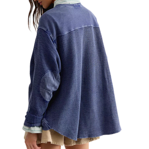 Camiseta de Manga Larga con Cuello Redondo y Logotipo Personalizado, Estilo Casual, Tejido Waffle Grueso de 210 g/m², 100% Algodón, Corte Holgado, Color Negro, para Mujer - Product Image 2