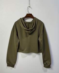Women's Olive Green Cropped Hoodie Long Sleeve Solid Knitted Fleece Polyester/Cotton Pockets Winter Style Breathable Casual Wear - Product Image 4