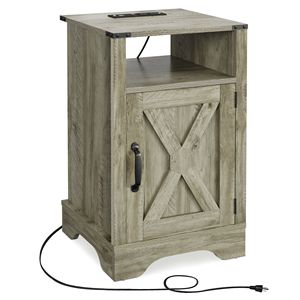 Light Grey Rustic Wooden Farmhouse Nightstand <b>Tall</b> Bedside <b>Table</b> with Electrical Outlets and Charging Station - Product Image 3