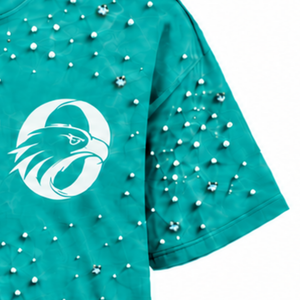 Unisex Teal Blue Pearl Decorated T <b>Shirt</b> Fashionable Round Neck Short Sleeve Pearl <b>Studded</b> Tee for Streetwear and Everyday - Product Image 5