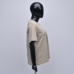 Women Beige Crew Neck Short Sleeve Cotton <b>T</b> <b>Shirt</b> Regular Fit Casual Digital Floral <b>Sequin</b> Embroidery Jersey 220g Spring Summer - Product Image 3