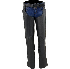 Women's Black Premium Leather Motorcycle Rider Chaps Samroz All Seasons In-Stock Customizable 220g W/Deep Hip Pockets Back <b>Thigh</b> - Product Image 1