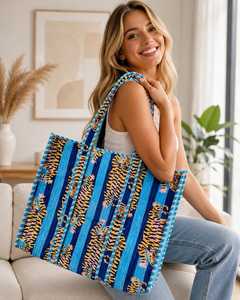 Bolsa de Mano de Algodón con Estampado de Tigre Colorido, Estilo Bohemio, Abierta, para la Playa, para Mujer, Moda de Verano - Product Image 1