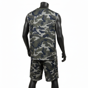 Ensemble court sans manches pour homme 100 % coton, motif camouflage, tissu en maille polyester premium, vert armée, logo personnalisé par sublimation, vêtements de sport - Product Image 2