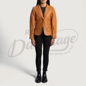 Premium Women Tan Real Leather Blazer <b>Quilted</b> Diamond <b>Pattern</b> Slim Fit Soft Sheepskin Business Casual Leather <b>Jacket</b> Coat - Product Image 2