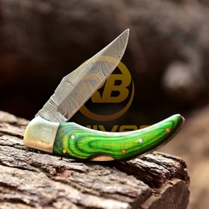 Navaja de bolsillo plegable de acero de Damasco hecha a mano con mango de madera |   Cuchilla de 7 Pulgadas con Punta Caída, Opción OEM, para Caza, Camping y Supervivencia - Product Image 2