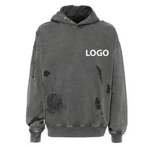 Sudadera con capucha extragrande con logo personalizado, efecto desgastado, lavado ácido, bajo cortado, dobladillo sin rematar vintage, para hombre y mujer - Product Image 4