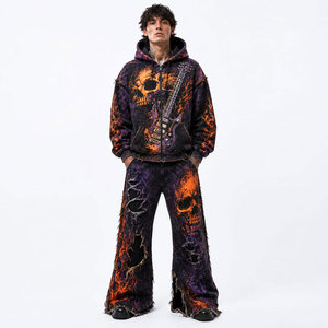 Men's Hooded Tracksuit Full Sleeve Acid Wash Rhinestone Printed Mountain Design Regular Fit Streetwear Wide Leg <b>Pants</b> Side - Product Image 2
