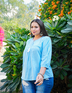 Embroidered Cotton Blend <b>Top</b> Light Blue <b>Keyhole</b> Neck Regular Sleeves Plus Size Women's SOLID Casual Wear Wholesale Ladies <b>Top</b> - Product Image 4