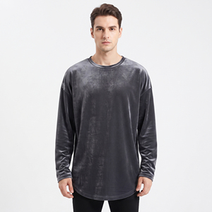 เสื้อยืดแขนยาวโอเวอร์ไซส์สำหรับผู้ชายผ้าคอตตอนฮิปฮอปกำมะหยี่สีพื้นทรงหลวมขนาดพลัสไซส์สำหรับฤดูหนาวฤดูใบไม้ร่วง - Product Image 1