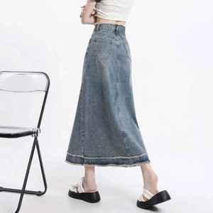 Falda vaquera fina de verano para mujer, estilo chic con borde sin rematar, retro azul, de longitud media, de cintura alta, de color liso, a la moda - Product Image 5