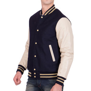Veste bomber pour homme bleu marine et style universitaire avec manches en cuir, style baseball décontracté, manteau d'hiver chaud - Product Image 1