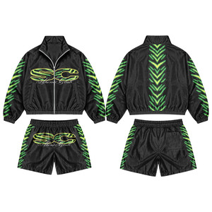Lightweight 120 GSM Nylon Windbreaker Shorts Set <b>Grey</b> Black Contrast Panels Custom Logo Outfit plus size - Product Image 3