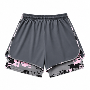 Pantalones cortos de running 2 en 1 para mujer, color gris carbón, con forro interior estampado, dobladillo dividido, cordón ajustable, ropa deportiva personalizada, pantalones cortos de gimnasio al por mayor - Product Image 2