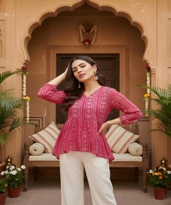 FANCY GEORGETTE PRINTED COTTON WORK ONLY TOP DAILY WEAR WHOLESALE PRICE ETHNIC GARMENT <b>KURTI</b> PINK - Product Image 1