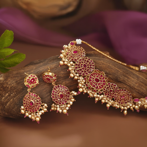 24K Gold & Rhodium Plated Ruby Handset Choker with Pearl Earrings Set - Product Image 3