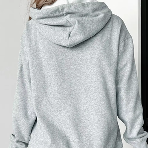 Sweat-shirt à capuche en molleton gris chiné pour femmes grandes tailles, manches longues, poche kangourou, cordon de serrage - Product Image 3