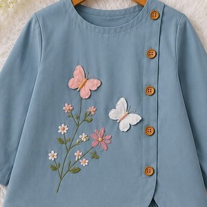 Ensemble short et châle brodé floral bleu clair pour femme, motif papillon, décontracté, printemps-été, en coton et mousseline, doux pour la peau - Product Image 2
