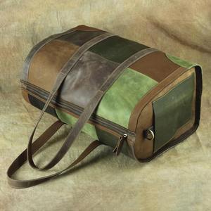 กระเป๋าหนังแบบ Patchwork สำหรับผู้ชาย สไตล์วินเทจ สำหรับเดินทาง ออกกำลังกาย เล่นกีฬา สีเขียว-น้ำตาล  ขนาดใหญ่ ใส่ของได้เยอะ - Product Image 4