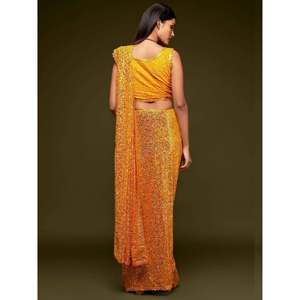 Robe de soirée, magnifique sari en georgette jaune miel orné de paillettes, idéal pour les fêtes - Product Image 2