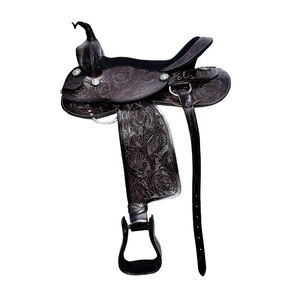 Selle de cheval en cuir noir imprimé faite à la main, style western, avec gravures florales et conchos argentés, confortable, séchage rapide, unisexe, pour l'équitation sur sentier et en concours - Product Image 4