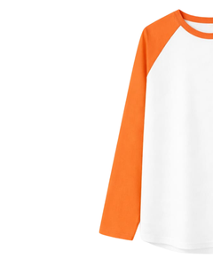 Camiseta de Manga Larga Raglán Naranja y Blanca Personalizada para Hombre, Algodón Casual, Cuello Redondo en Contraste, Estilo Béisbol, Fabricante y Proveedor OEM - Product Image 3