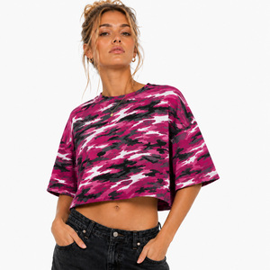 Trendy Customised Pink Camo Print <b>Cropped</b> tee Oversized women's shirt Boxy Fit Pink Camouflage Spring Summer Cotton Casual <b>Top</b> - Product Image 1