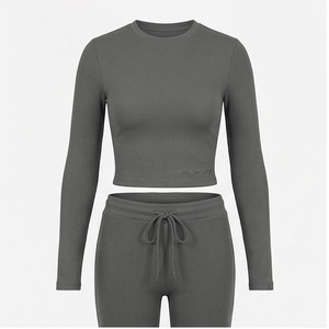 North Approach 2 Piece Yoga Set Crew Neck Crop <b>Top</b> Full Length High Waist Drawstring Solid Gray <b>Sweat</b> Wicking Sportswear - Product Image 1