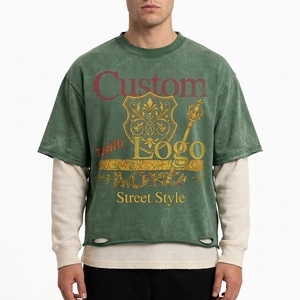 T-shirt Homme Vert Délavé à Effet Superposé, Imprimé Graphique Vintage, Ourlet Effiloché, Effet Deux Pièces, Coupe Oversize, Logo Personnalisé, Style Urbain - Product Image 1