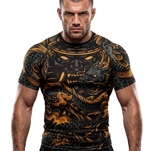 Chemise de compression à manches courtes pour homme, imprimé dragon noir et or, séchage rapide - Product Image 1
