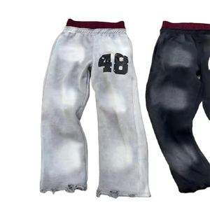 Pantalones de chándal holgados de estilo urbano para hombre – Joggers de pierna ancha con efecto desgastado, lavado ácido y descolorido por el sol, con doble cintura acampanada - Product Image 3