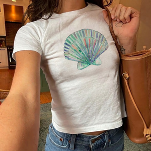 Custom Printed Summer Beach Shell, Flower, Juice Print T-shirt, Women Aesthetic Graphic <b>Crop</b> <b>Top</b>, Custom Clothing Factory - Product Image 3