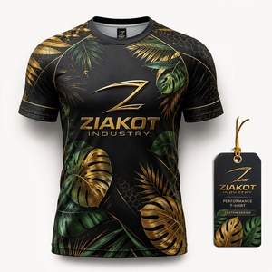 T-shirt de performance personnalisé en gros, noir et or vieilli, motif 3D, feuilles tropicales vertes dorées, style jungle hawaïenne - Product Image 1