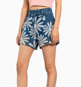 Blue Printed Pattern Loose Classic Five Pocket Jean Shorts Womens - Product Image 3