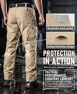 Khaki <b>Cargo</b> <b>Work</b> <b>Pants</b> Elastic Waist Multiple Pockets Heavy Duty Men's Trousers - Product Image 4