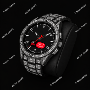 <b>Black</b> Crystal Stone Round Face Smart Fitness <b>Watch</b> With Red Activity Display Sport Style Fashion Timepiece - Product Image 2