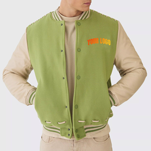 Veste de baseball universitaire personnalisée verte pour homme, en mélange de laine, avec manches contrastées et boutons-pression - Product Image 4
