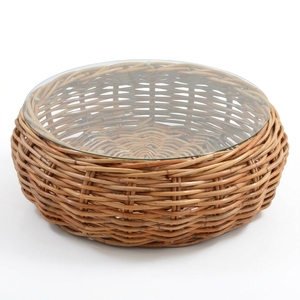 Mesa de Centro Redonda Thomas de Estilo Moderno y Minimalista, con Superficie de Vidrio y Ratán Tejido Natural, para Sala de Estar o Patio - Product Image 1