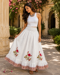 Heritage <b>White</b> Garment Women Vintage Rose Print Tiered <b>Maxi</b> Bottom Smocked High Waistband Gathered Ruffle Layered Outwear - Product Image 2