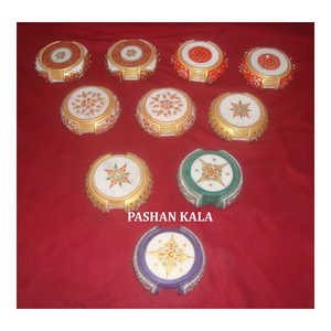 Indian Modern Glossy <b>White</b> Marble On Inlaid Floral Designs With Fine Finishing Rounded Shape <b>Coaster</b> Set New Traditional Product - Product Image 1